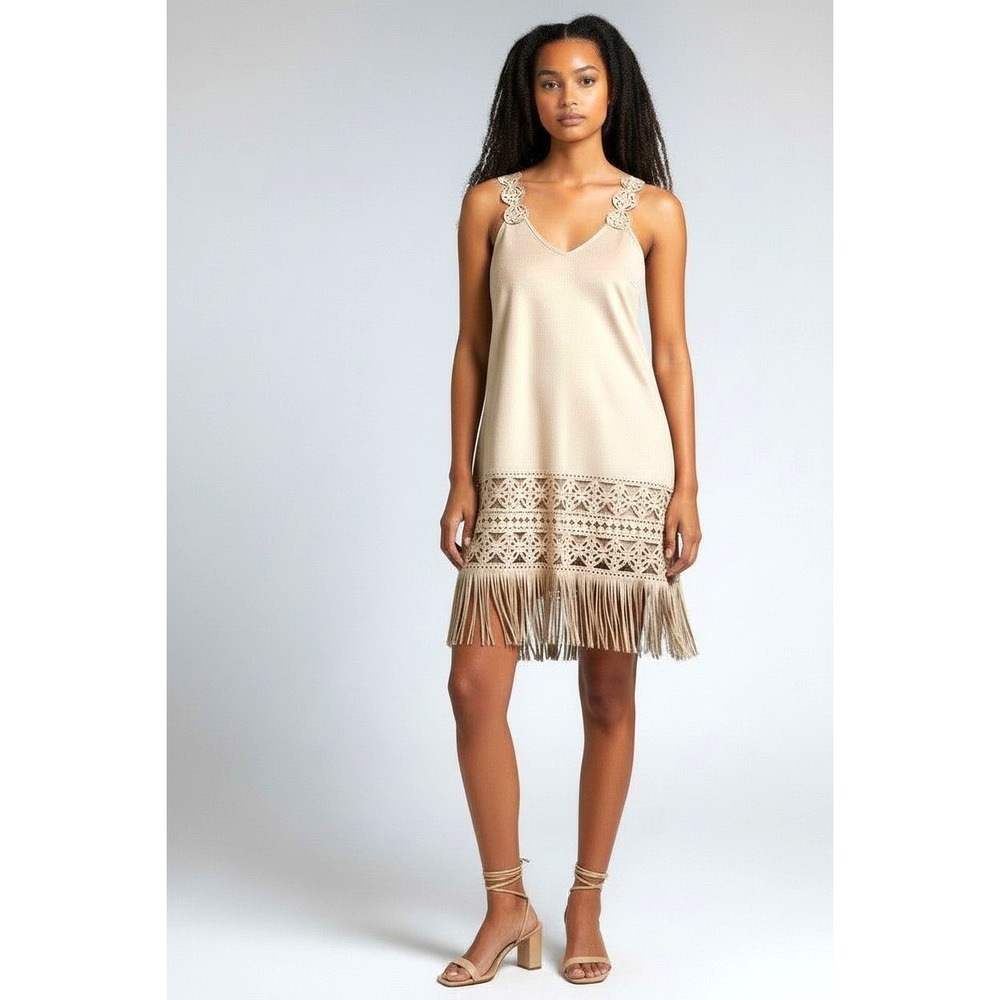 I. Madeline Tan Faux Suede Fringe Laser Cut Shift Dress Beige Medium NWT - Picture 2 of 8